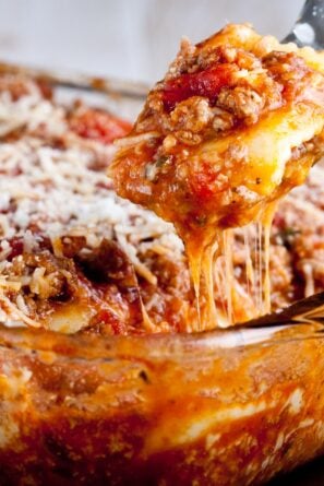 Baked Ravioli Casserole in a dish.