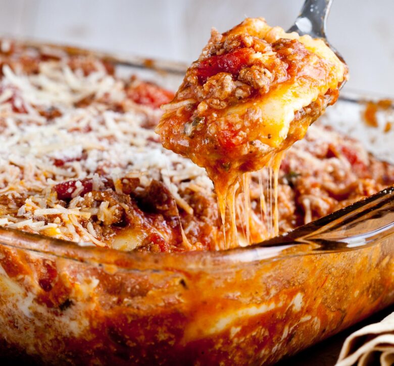 Baked Ravioli Casserole in a dish.