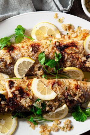 branzino recipe with lemon and butter sauce.