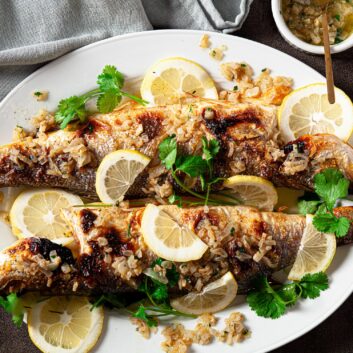 branzino recipe with lemon and butter sauce.