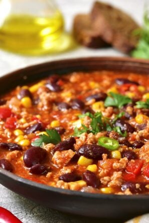 Chili with black beans and corn in a bowl