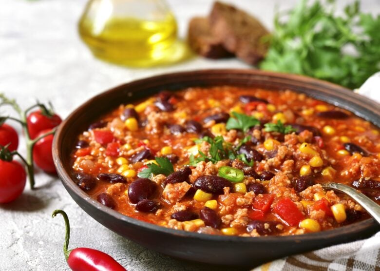 Chili with black beans and corn in a bowl
