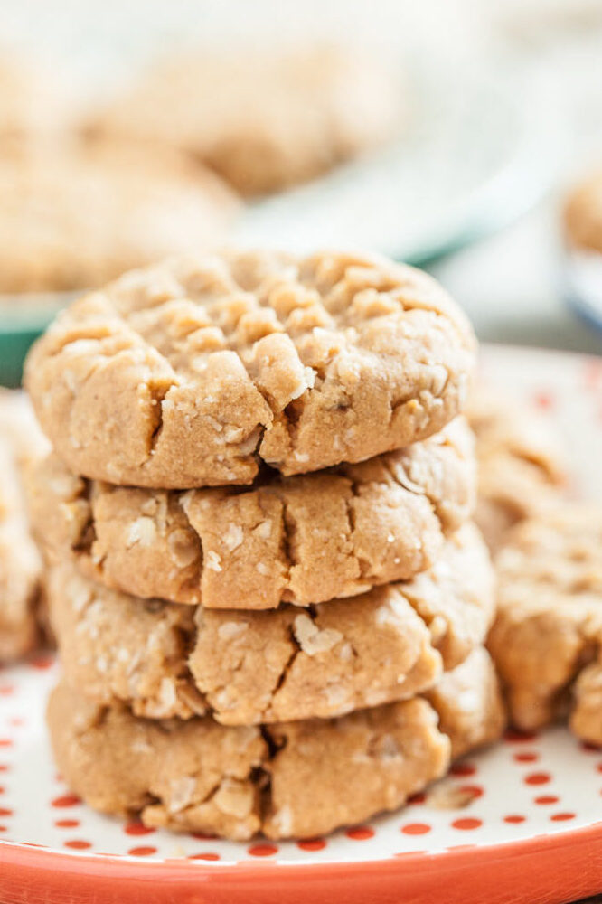 a stack of four peanut butter oatmeal cookies