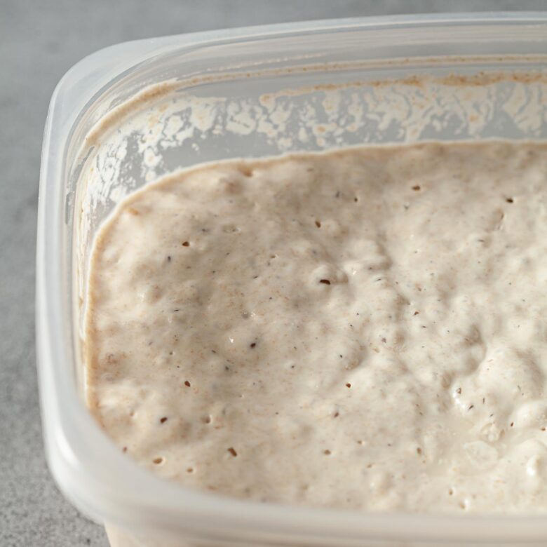 Raw sourdough starter in a container.