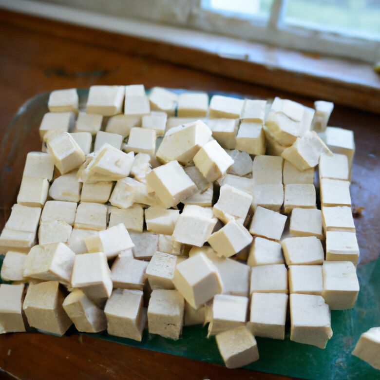 Raw tofu cubed on a cutting board