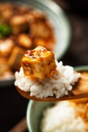 Stir fry tofu with rice in a bowl