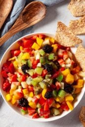 fruit salsa with mangos, kiwi, strawberries, pineapple, blueberries and apples