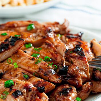 Grilled Chicken Thighs with Asian Marinade Sliced on white plate