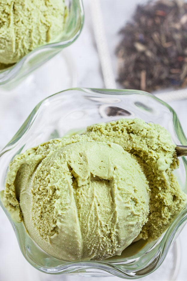 green tea ice cream in a glass cup