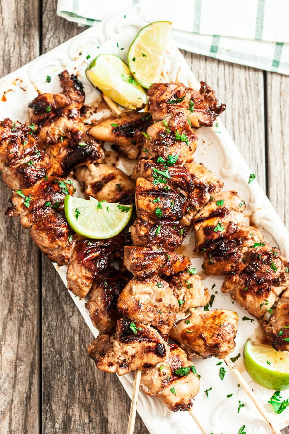 Chicken kabobs with honey lime marinade on a plate