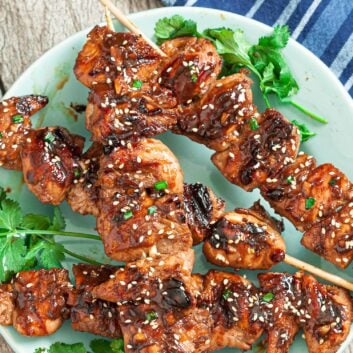 Asian chicken skewers on a plate