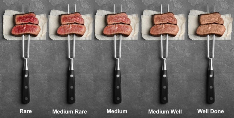 steaks cooked to various doneness levels