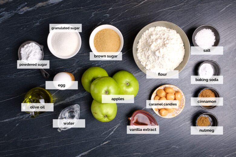apple cake ingredients measured out in bowls