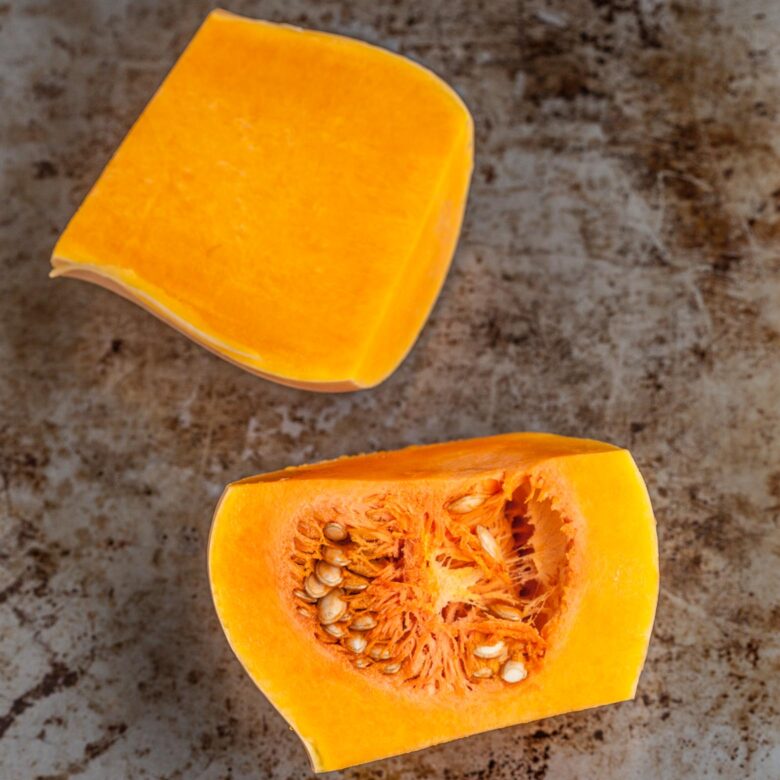 butternut squash cut in half.