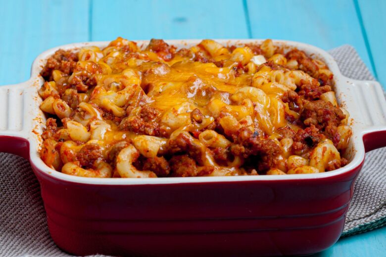 Chili Mac in casserole dish 