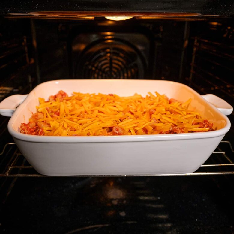 Chili Mac Baking Dish in Oven.