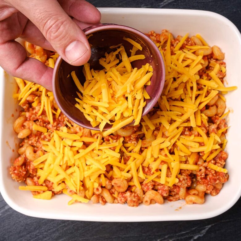 Chili Mac in Baking Dish.