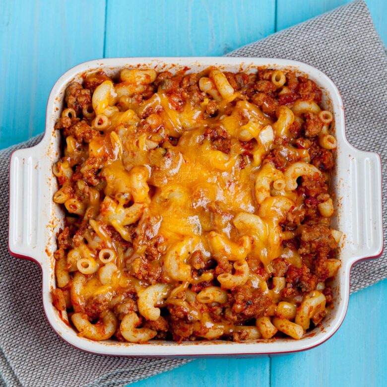 Chili Mac in a casserole dish