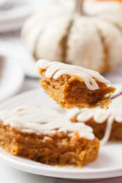 Pumpkin Bars with Cream Cheese Frosting on a Fork.