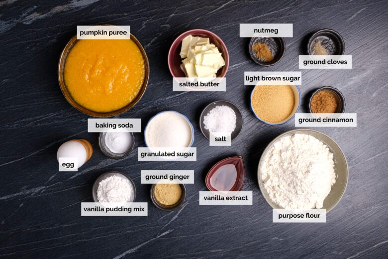 pumpkin cupcakes ingredients measured out in bowls.