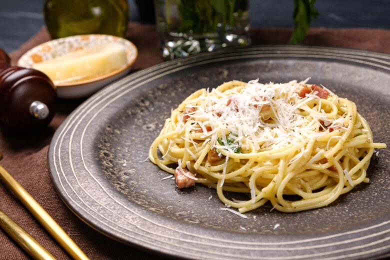 Spaghetti Carbonara Garnished and Plated.