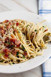 Spaghetti Carbonara Plated and Garnished.