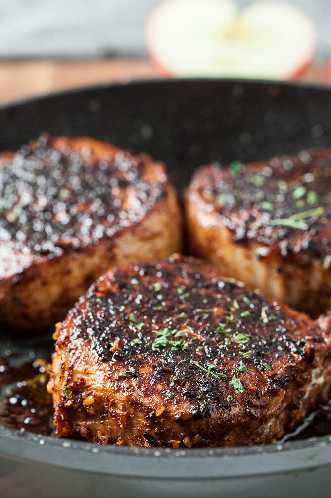 apple pork chops in the skillet