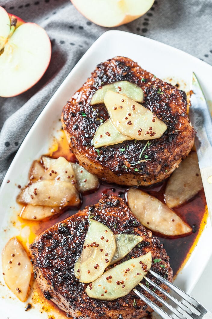 apple pork chops plated