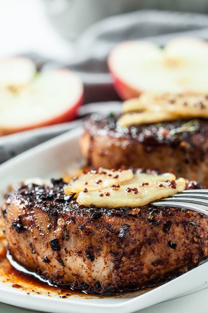 apple pork chops plated close up