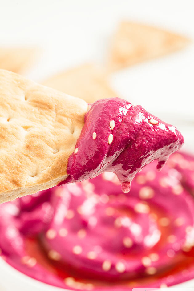 Beet Hummus with Pita Chips and Sesame Seeds