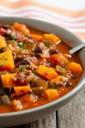 butternut squash chili in a bowl with spoon