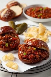 finished instant pot sloppy joes on buns with sides.