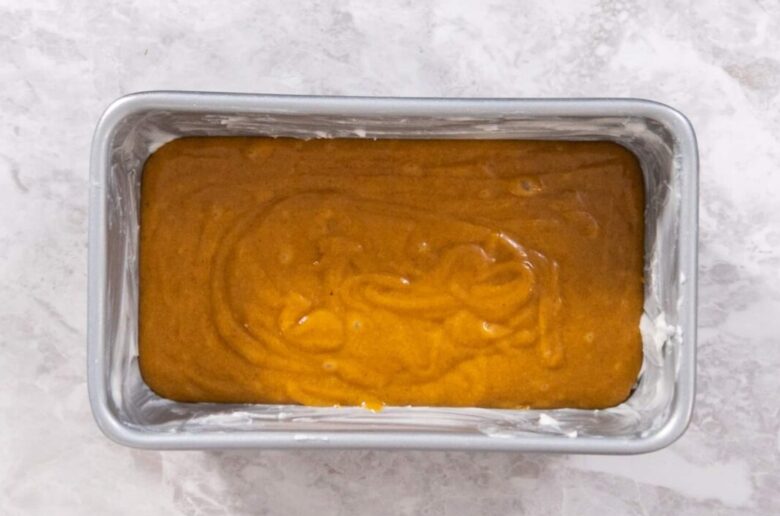 pumpkin bread batter in pan.