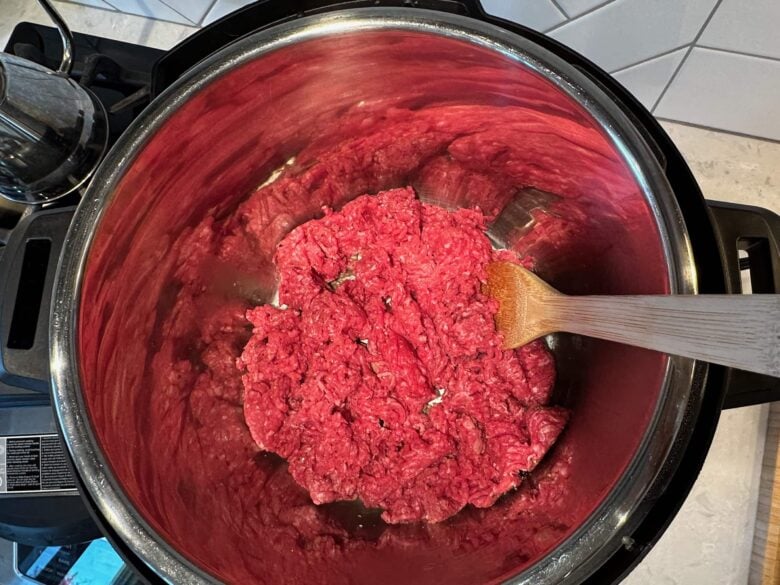 sloppy joes ground beef being browned in instant pot.