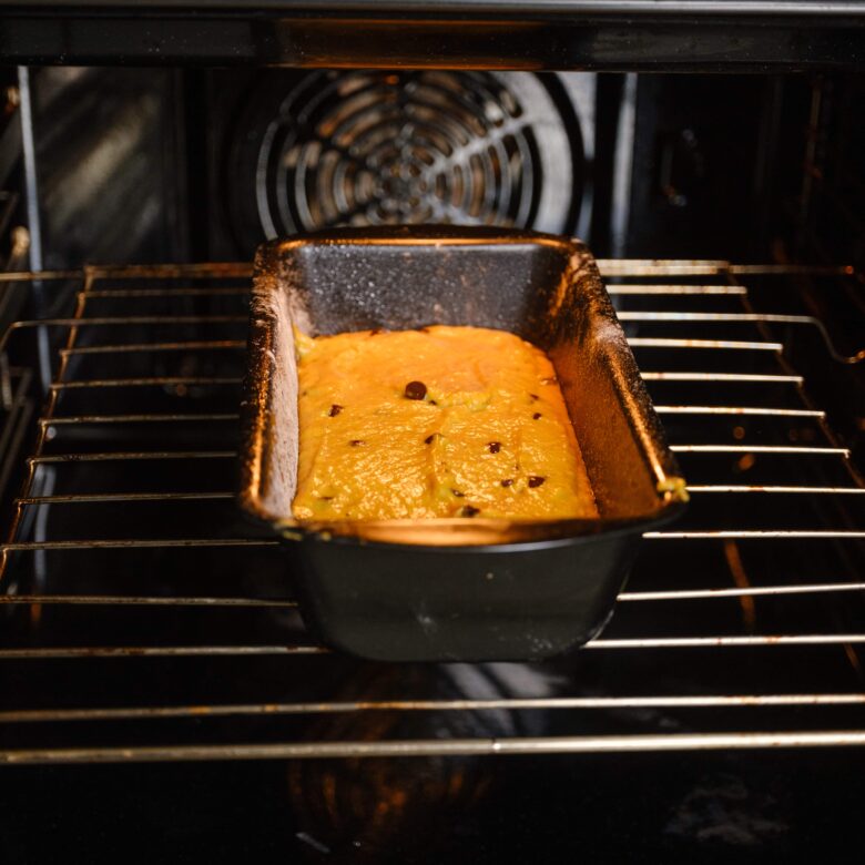 Vegan Pumpkin Bread in Oven.