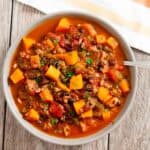 butternut squash chili top down served in a bowl