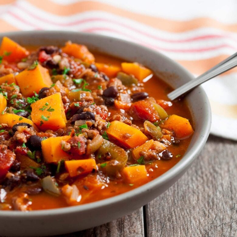 butternut squash chili finished in a bowl.