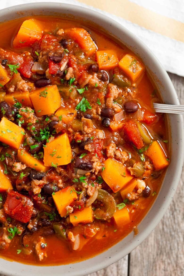 butternut squash chili in a bowl.