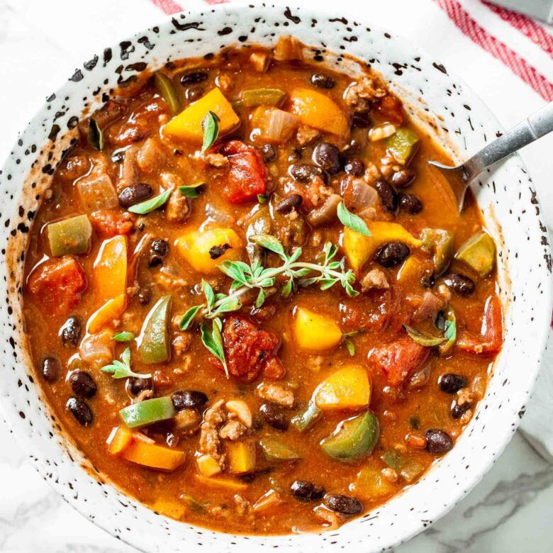 pumpkin chili in a bowl.