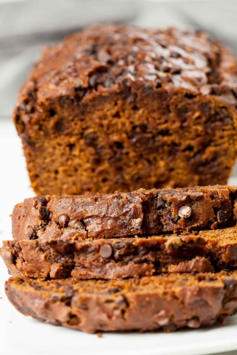 pumpkin chocolate chip bread sliced. 