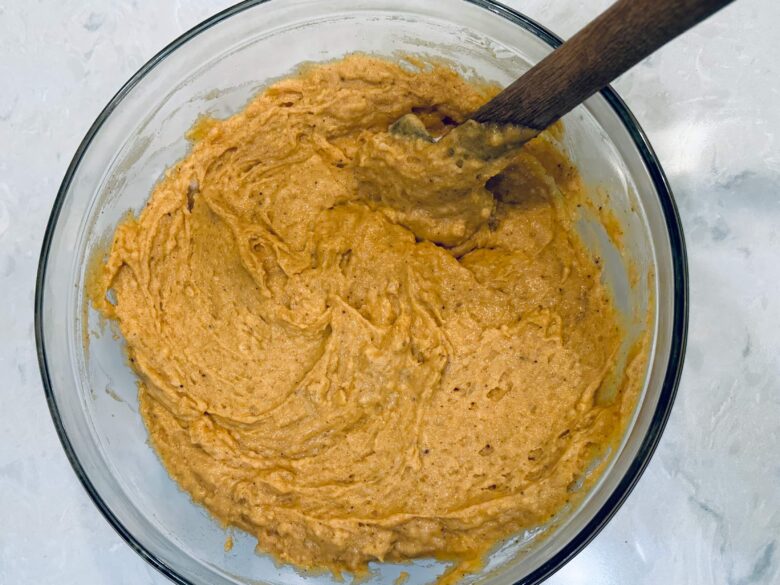 pumpkin coffee cake batter in bowl.