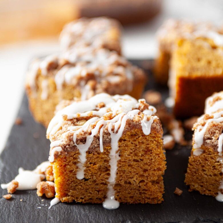 finished coffee cake sliced close up.