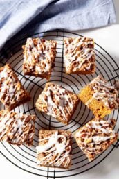 pumpkin coffee cake slices with glaze.