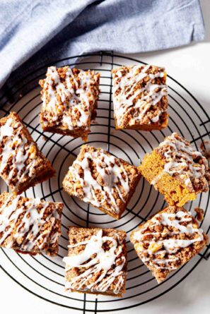 pumpkin coffee cake slices with glaze.