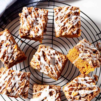 pumpkin coffee cake slices with glaze.