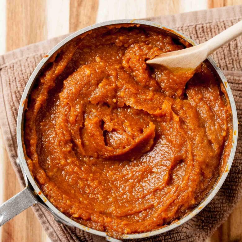 pumpkin pie mixture in a pan.