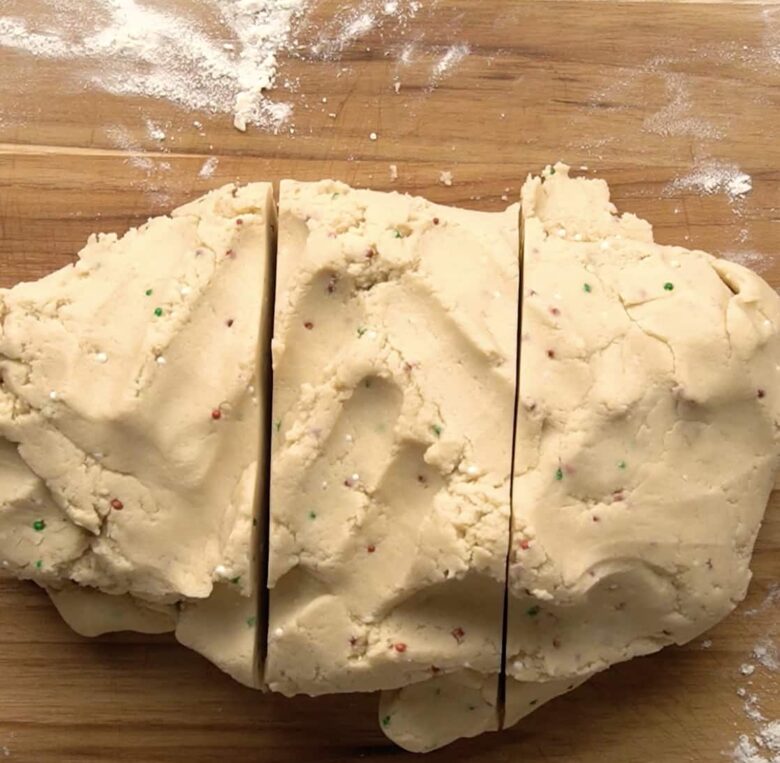 shortbread cookie dough split into 3 sections.