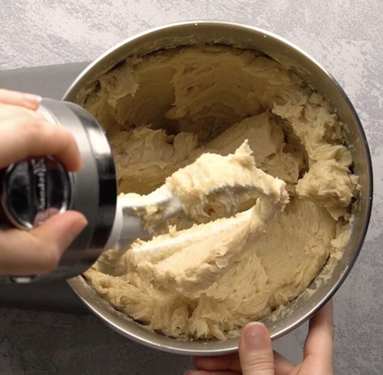 shortbread cookies batter in a mixer bowl.