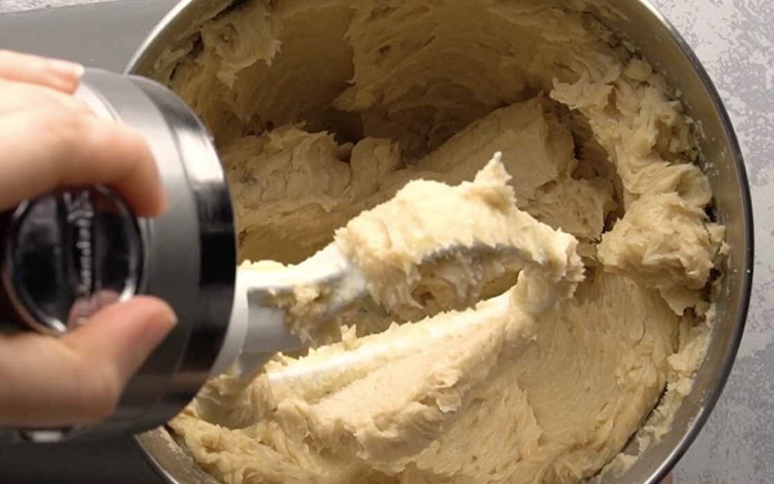 shortbread cookies batter in a mixer bowl.