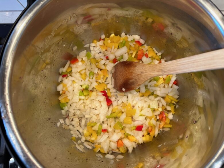 sloppy joes vegetables being cooked in instant pot.